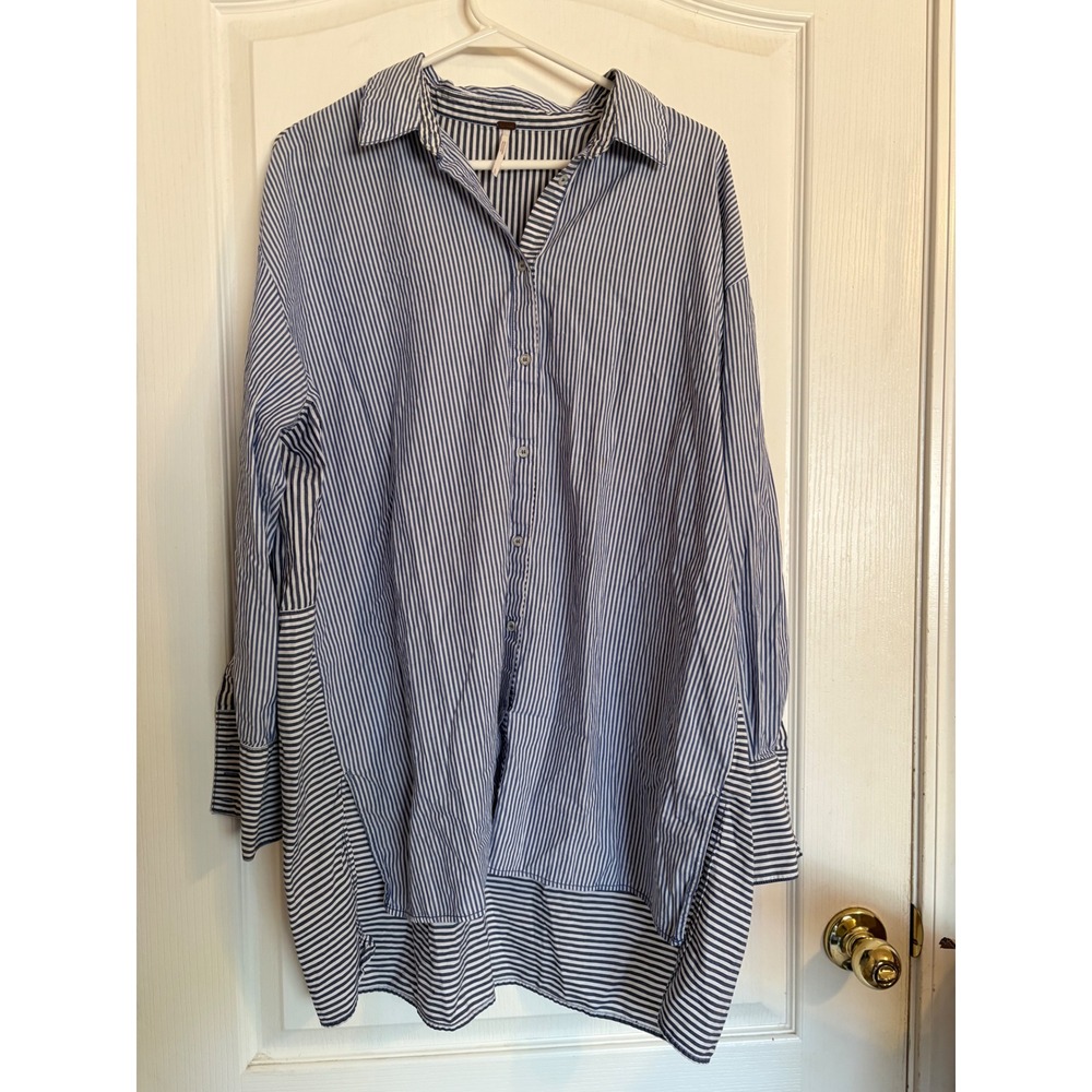 Free People Button Down Women L Blue Striped Excellent Mixed Stripe Tunic Shirt
